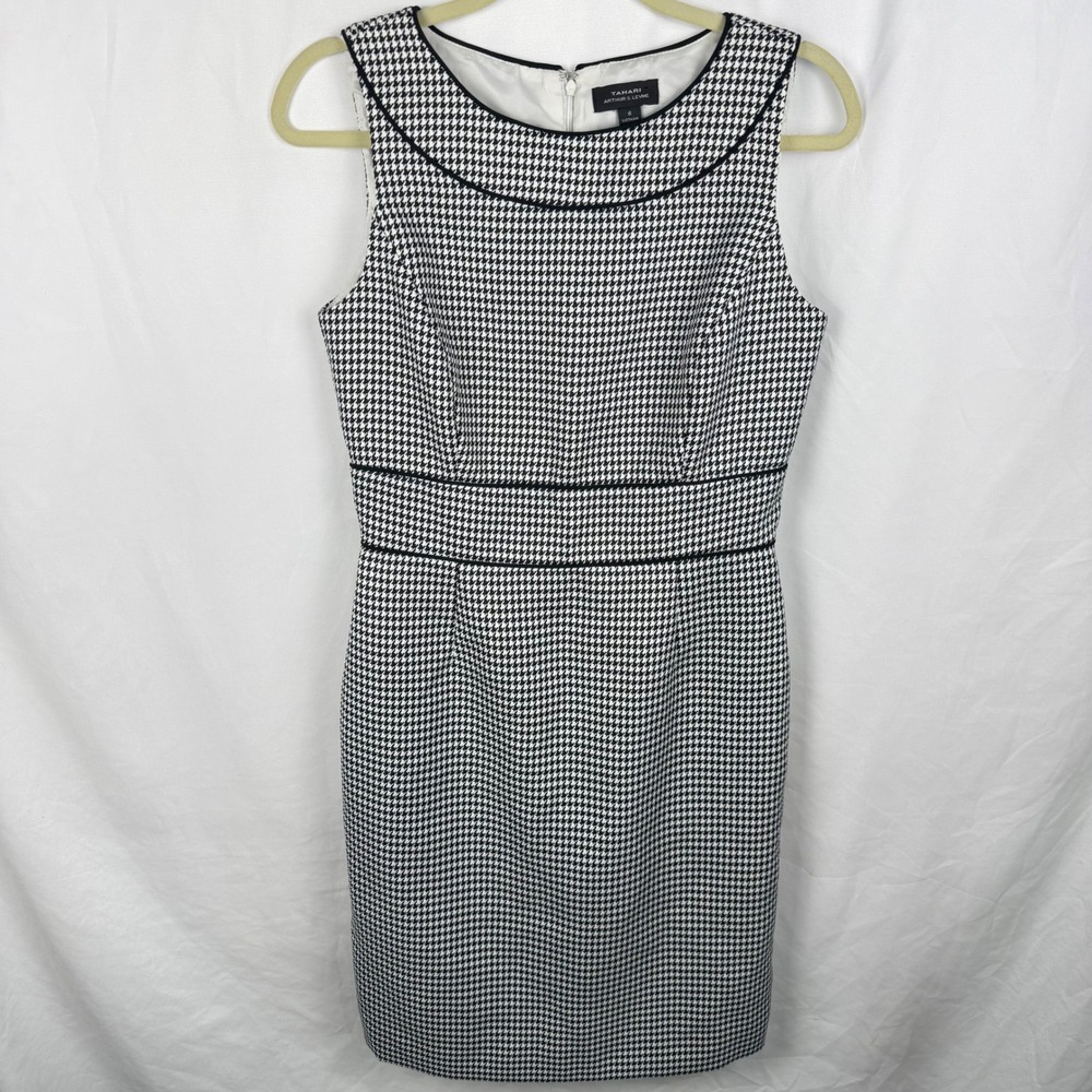 Tahari Black & White Houndstooth Sheath Dress 6 Career Office Work Classic Retro
